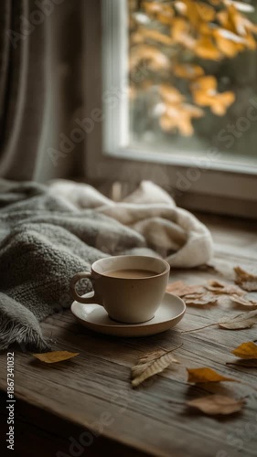 Cozy cup of coffee on wooden table with autumn leaves and blanket  