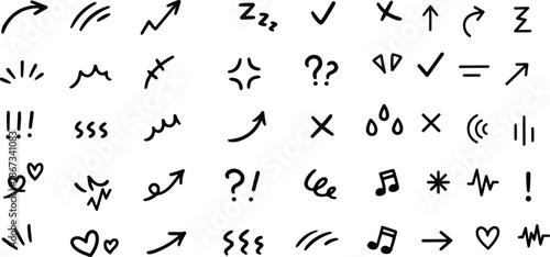 Line movement effect element, cartoon emotion effect decoration icon. Hand drawn cute doodle line element arrow, emphasis, shock, sparkle. Anime movement, express shape. Vector illustration