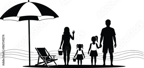 Happy family beach vacation silhouette, with parents and children walking together near sea umbrella summer holiday vector illustration, flat black design concept