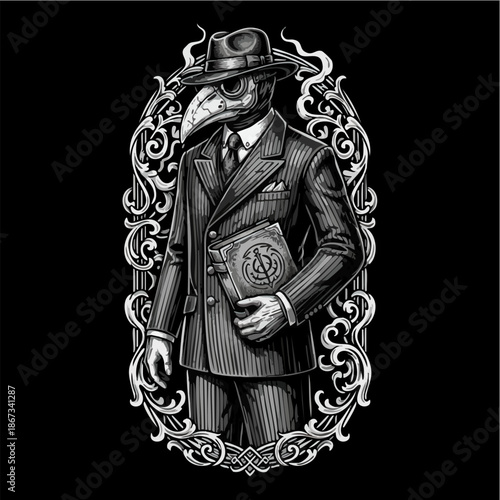 Mysterious plague doctor in suit holding ancient book engraving art.