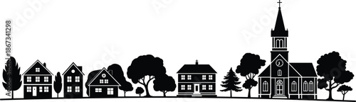 Village skyline silhouette with church steeple, houses and trees, rural town landscape illustration, peaceful community architecture isolated on white background