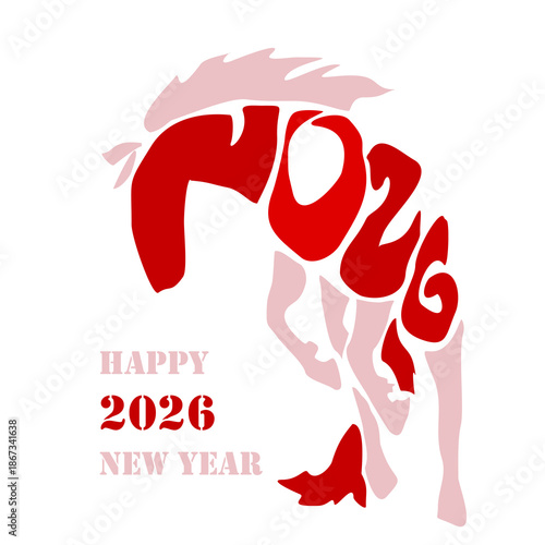 Holiday card Happy New Year 2026. Stylized image of a fire horse according to the Eastern Chinese calendar. Astrological New Year.