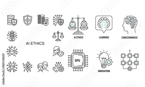 Ai ethics icons set: responsibility, learning, innovation