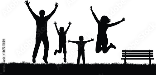 Happy family jumping in park silhouette vector illustration with parents and children playing on grass, joyful people celebrating success, outdoor summer recreation concept,