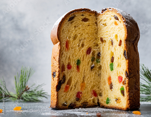 Traditional Italian panettone Christmas cake with candied fruit and raisins, sliced open on festive background with pine branches and powdered sugar