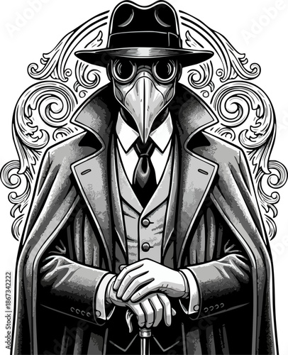 Steampunk Plague Doctor Gentleman with Cane Illustration