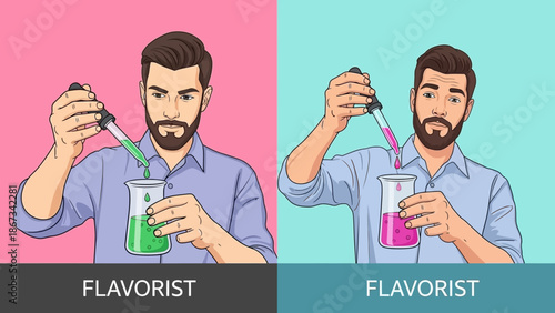 Flavorist illustration showing a man mixing liquids for flavors with dropper  in laboratory