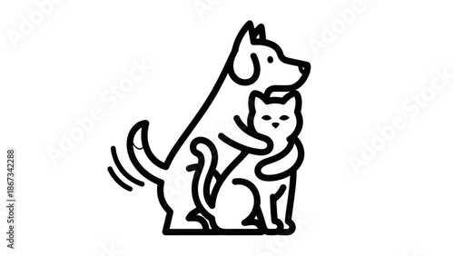 Minimalist Illustration of a Dog Hugging a Cat Showcasing Harmony and Affection Pet Love