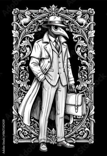 Mysterious Plague Doctor in Trench Coat Carrying Briefcase