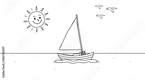 Black and white coloring book style illustration of a small sailboat with a triangular sail and a short mast on a calm sea with gentle waves, simple line art, a smiling sun with a rounded face and cur