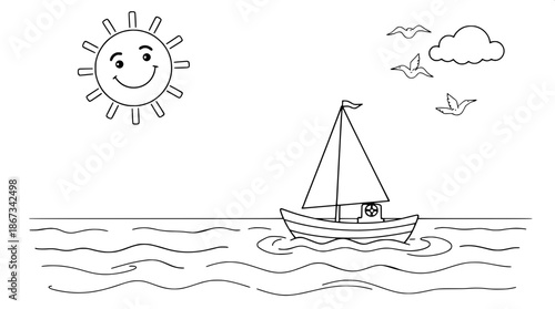 Black and white coloring book style illustration of a small sailboat with a triangular sail and a short mast on a calm sea with gentle waves, simple line art, a smiling sun with a rounded face and cur