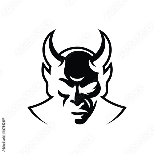 Stylized illustration of a devils head with horns.