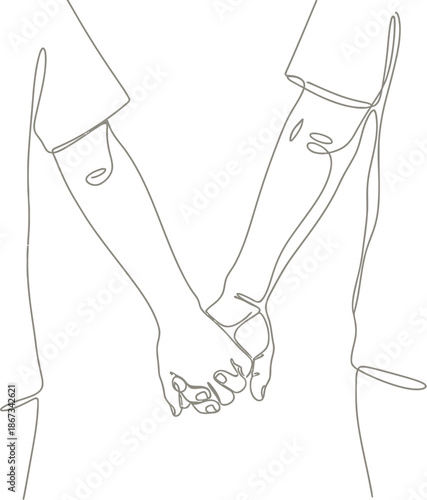 Minimalist continuous line drawing abstractly captures two figures holding hands symbolizing deep connection companionship and unwavering love in soft tones.