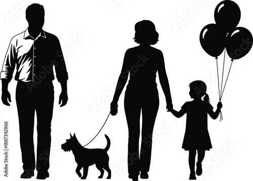 Happy family walking with dog and balloons silhouette vector illustration, parents and daughter strolling together, outdoor weekend recreation concept for lifestyle design,