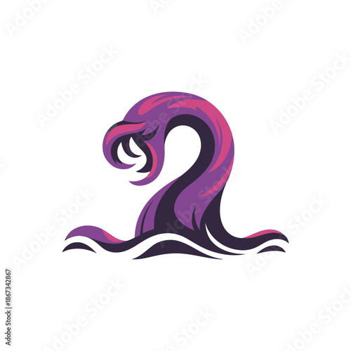Purple sea monster emerging from water stylized illustration.