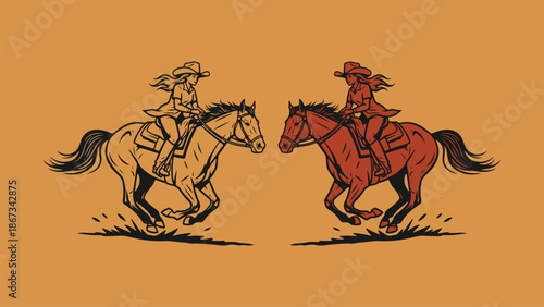 Two cowgirls riding horses in a race