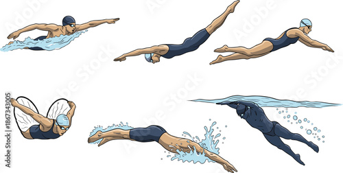 Swimming styles illustration, freestyle, butterfly, diving, underwater, swim cap, goggles, water splash, sports clipart, athletic pose, cartoon swimmer
