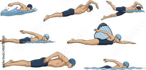 Swimming techniques illustration, freestyle, butterfly, breaststroke, backstroke, swim cap, water motion, sports clipart, athletic pose, cartoon swimmer, dynamic strokes