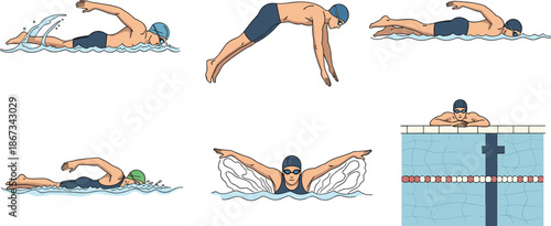 Swimming routine illustration, freestyle, butterfly, breaststroke, diving, poolside rest, swim cap, goggles, water splash, sports clipart, cartoon swimmer