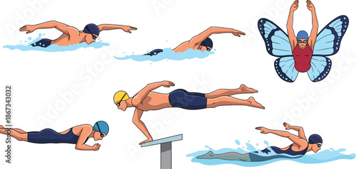 Swimming action illustration, freestyle, butterfly, breaststroke, diving, underwater glide, swim cap, goggles, water splash, sports clipart, cartoon swimmer