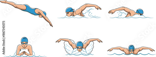 Swimming technique illustration, freestyle, butterfly, breaststroke, diving, swim cap, goggles, water splash, sports clipart, cartoon swimmer, athletic motion