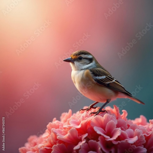 Tiny sparrow perched on vibrant coral, soft light , adorable, fluffy, Sparrow