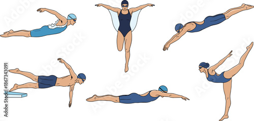 Swimming pose illustration, butterfly, freestyle, diving, underwater, synchronized stance, swim cap, goggles, water splash, sports clipart, cartoon swimmer