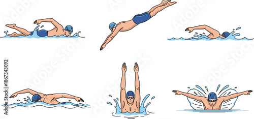 Swimming technique illustration, freestyle, butterfly, breaststroke, diving, surfacing, swim cap, goggles, water splash, sports clipart, cartoon swimmer