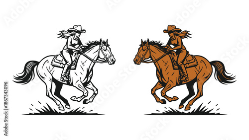 Cowgirl riding a horse in a dynamic illustration style