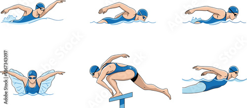 Swimming action illustration, freestyle, butterfly, breaststroke, diving, underwater, swim cap, goggles, water splash, sports clipart, cartoon swimmer