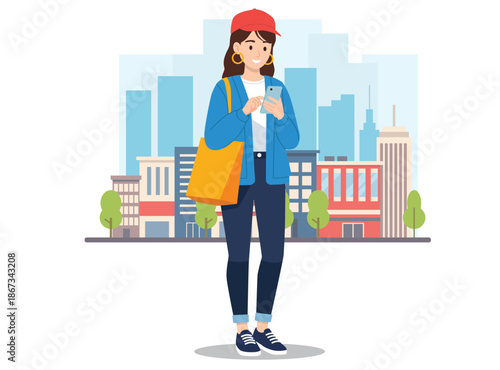 casually dressed young woman wearing a red cap and blue jacket stands against a city skyline background, looking at her smartphone while carrying an orange tote bag.
