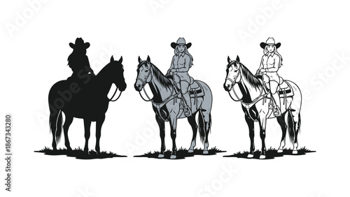 Cowgirl riding horses in different illustration styles