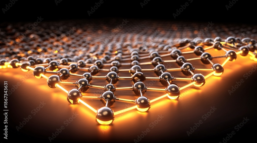 Fototapeta premium : Carbon nanotubes Abstract atomic scale view of carbon atoms forming a curved graphene sheet to create a nanotube. The atoms are spheres connected by glowing rods of energy. Warm amber and 