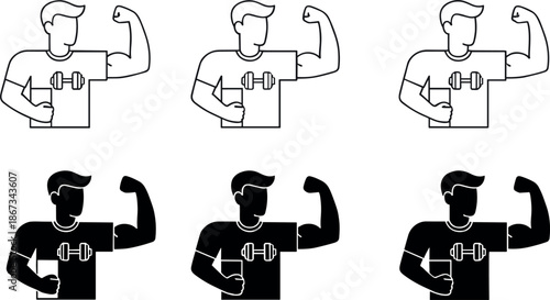 Vector Icon Set of Muscular Man Flexing Biceps with Dumbbell Symbol