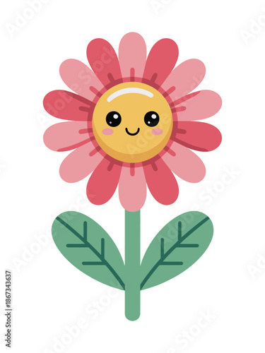 Cute Smiling Pink Daisy Flower Cartoon Illustration On White Background