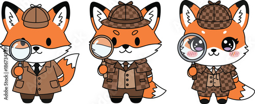 Kawaii Detective Fox Vector Set with Magnifying Glass Sherlock Holmes Inspired Cute Animal Investigator Characters for Mystery and Educational Design