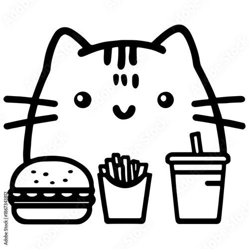 Cute kawaii cat portrait with burger, fries and drink vector line art, black and white illustration for engrave, laser engrave and creative projects