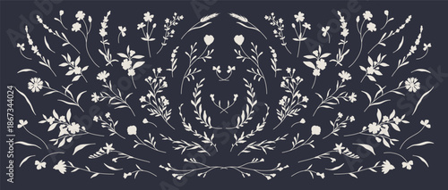 Silhouettes of botanical floral elements. Flowers, branches, leaves. Hand drawn vector illustration for label, logo, corporate identity, wedding invitation, wreath, frame, border, save the date, card 