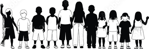 Large group of diverse children standing together, kids silhouettes in various heights and outfits, childhood friendship, unity and community vector illustration, isolated white background