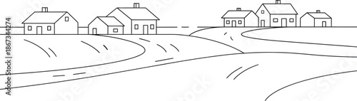 Continuous Line Minimal Village, pen, illustration, simplicity, 