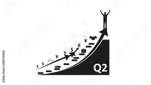 Businessman standing on growing graph with rising currency symbols and increasing profits in q2 with growth and success and finance and economy