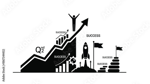 Business success concept with person on top of growing graph and rocket launch with growth and achievement and motivation and inspiration