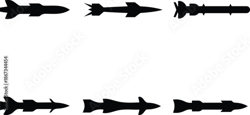 black silhouettes of various missiles on white background