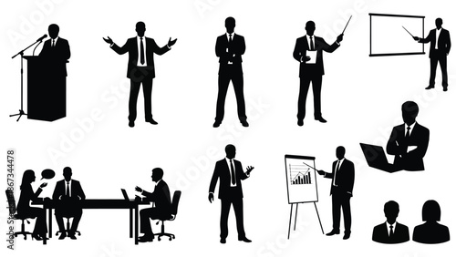 Business professionals in various meeting and presentation settings with silhouettes of people in suits communicating and collaborating in office environments