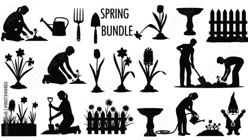 Spring gardening bundle with silhouettes of people planting flowers and gardening tools on white background with gardening silhouettes and garden bundle