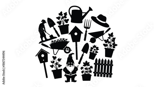 Black silhouette illustration of gardening tools and gnome with plants and fence on white background for landscaping and gardening concepts