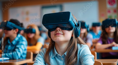 A girl at school and her classmates behind her, sitting in class wearing VR headsets