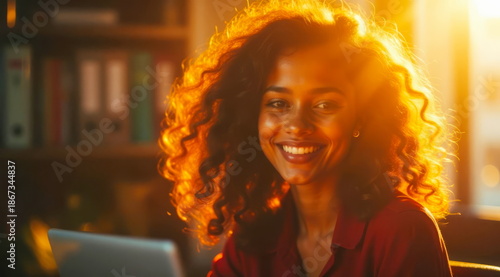 Happy dark-skinned Afro business woman in a warm office illuminated by the rays of the sun