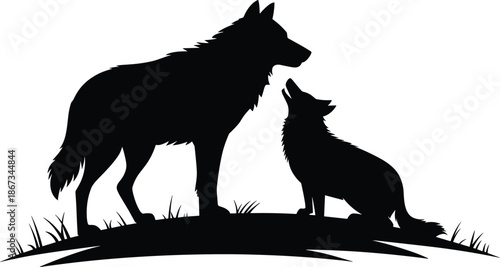 Wolf family silhouette illustration, parent and cub howling together, wildlife nature scene, animal bonding concept, black white vector art