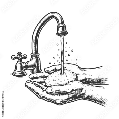 Hand washing illustration with flowing water from faucet in detailed monochrome engraving style, hygiene concept artwork for poster, infographic, and print design